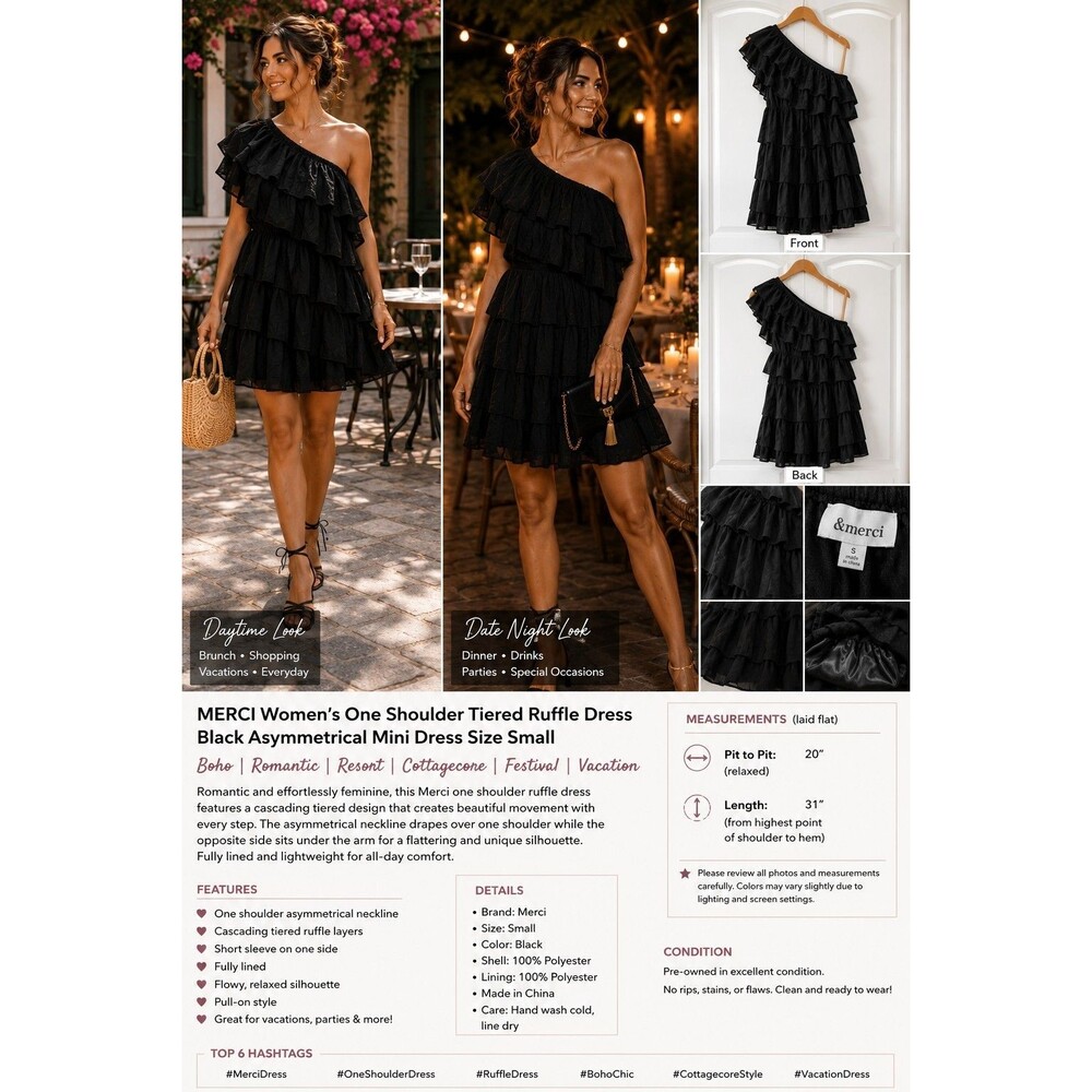 Merci Women S Black One Shoulder Ruffled Mini Dress Boho Coquette Whimsical Chic
